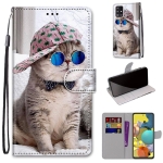 For Samsung Galaxy A51 5G Coloured Drawing Cross Texture Horizontal Flip PU Leather Case with Holder & Card Slots & Wallet & Lanyard(Oblique Hat Blue Mirror Cat)