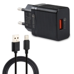 LZ-728 2 in 1 18W QC 3.0 USB Interface Travel Charger + USB to USB-C / Type-C Data Cable Set, EU Plug, Cable Length: 1m(Black)