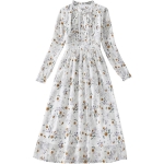 Spring Women Long Sleeve Retro Floral Chiffon Dress 8A674 (Color:White Size:S)