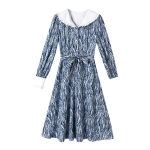 Artistic Lady Spring Dress Lapel High waist Slim A-line Skirt (Color:Blue Size:S)