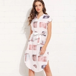 Women Casual V-neck Printed Mid-length Dress (Color:As Show Size:S)