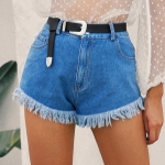Women Retro Fashion Fringed High Waist Denim Shorts (Color:Blue Size:S)