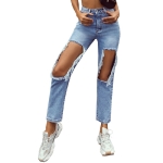 Women Fashion High Waist Ripped Jeans (Color:Blue Size:M)
