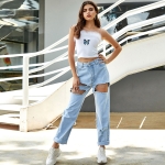 Women Fashion Loose Ripped Chain High Waist Straight Jeans (Color:Blue Size:M)