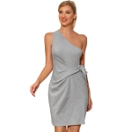 Women Fashion Slim Slanted Shoulder Bandage Sleeveless Dress (Color:Grey Size:S)