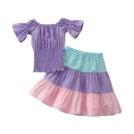 Girls Short-sleeved Loose Blouse Color Long Skirt Two-piece Suit (Color:Purple Size:90)