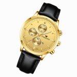 FNGEEN W5128 Men Three Eyes Subdial Luminous Quartz Watch Student Simple Watch(Black Leather Gold Shell Gold Surface)