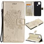 For OPPO A15 Tree & Cat Pattern Pressed Printing Horizontal Flip PU Leather Case with Holder & Card Slots & Wallet & Lanyard(Gold)