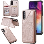 For Samsung Galaxy A50 Flower Embossing Pattern Shockproof Protective Case with Holder & Card Slots & Photo Frame(Rose Gold)
