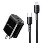 awei PD3 20W PD Type-C + QC 3.0 USB Interface Fast Charging Travel Charger with Data Cable, US Plug