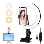 PULUZ 7.9 inch 20cm Ring Selfie Light + Monitor Clip 3 Modes USB Dimmable Dual Color Temperature LED Curved Vlogging Photography Video Lights Kits with Phone Clamp (Black)
