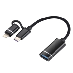USB 3.0 Female to 8 Pin + USB-C / Type-C Male Charging + Transmission OTG Nylon Braided Adapter Cable, Cable Length: 11cm(Black)