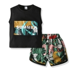 Boys Leopard Print Sleeveless + Shorts Two-piece Set (Color:Black Size:100)