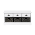 [US Warehouse] Wood Storage Bench with 3 Drawers & 3 Woven Baskets (White)