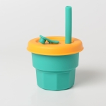 Children Silicone Straw Cups Drop And High Temperature Resistant Water Cups Green Cup + Yellow Cover(300ml)