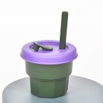 Children Silicone Straw Cups Drop And High Temperature Resistant Water Cups Ink Green Cup + Purple Cover(300ml)