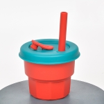 Children Silicone Straw Cups Drop And High Temperature Resistant Water Cups Dark Red Cup + Olive Green Cover(300ml)