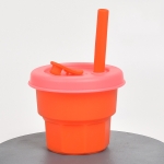 Children Silicone Straw Cups Drop And High Temperature Resistant Water Cups Orange Cup + Cherry Blossom Pink Cover(300ml)