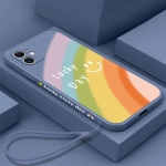 Straight Edge Rainbow Pattern Liquid Silicone Protective Case with Hand Strap For iPhone 11(Lavender Grey)