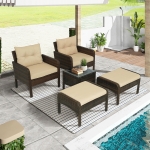 [US Warehouse] 5 in 1 PE Rattan Single Sofa Chair + Ottoman + Glass Table Outdoor Patio Furniture Set