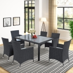 [US Warehouse] 7 in 1 PE Rattan Single Sofa Chair + Rectangular Glass Table Outdoor Patio Furniture Set