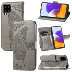 For Samsung Galaxy A22 5G Butterfly Love Flowers Embossed Horizontal Flip Leather Case with Holder & Card Slots & Wallet & Lanyard(Grey)