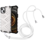 Shockproof Honeycomb PC + TPU Case with Neck Lanyard For iPhone 13(White)