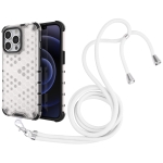 Shockproof Honeycomb PC + TPU Case with Neck Lanyard For iPhone 13 Pro(White)
