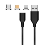 M11 3 in 1 5A USB to 8 Pin + Micro USB + USB-C / Type-C Nylon Braided Magnetic Data Cable, Cable Length: 2m (Black)