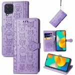 For Gaxlay M32 Cute Cat and Dog Embossed Horizontal Flip Leather Case with Holder & Card Slots & Wallet & Lanyard(Purple)