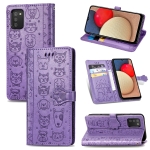For Galaxy A03S Cute Cat and Dog Embossed Horizontal Flip Leather Case with Holder & Card Slots & Wallet & Lanyard(Purple)