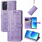 For OPPO Reno6 5G Cute Cat and Dog Embossed Horizontal Flip Leather Case with Holder & Card Slots & Wallet & Lanyard(Purple)