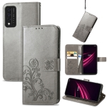 For T-Mobile REVVL V+ 5G Four-leaf Clasp Embossed Buckle Mobile Phone Protection Leather Case with Lanyard & Card Slot & Wallet & Bracket Function(Gray)