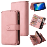 Skin Feel PU + TPU Horizontal Flip Leather Case with Holder & 15 Cards Slot & Wallet & Zipper Pocket & Lanyard For iPhone 13 Pro(Pink)