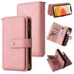 Skin Feel PU + TPU Horizontal Flip Leather Case with Holder & 15 Cards Slot & Wallet & Zipper Pocket & Lanyard For iPhone 12 / 12 Pro(Pink)