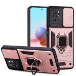 For Xiaomi Redmi Note 10 Warrior Armor Sliding Camera Cover Design TPU + PC Shockproof Case with Ring Holder(Rose Gold)