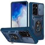 For Samsung Galaxy S21 Ultra 5G Sliding Camera Cover Design TPU + PC Protective Case with 360 Degree Rotating Holder & Card Slot(Blue+Blue)