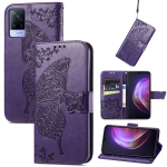 For vivo V21 Butterfly Love Flower Embossed Horizontal Flip Leather Case with Holder & Card Slots & Wallet & Lanyard(Dark Purple)