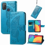For Alcatel 1S 2021 Butterfly Love Flower Embossed Horizontal Flip Leather Case with Holder & Card Slots & Wallet & Lanyard(Blue)