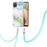 For Samsung Galaxy A12 Electroplating Marble Pattern IMD TPU Shockproof Case with Neck Lanyard(Green 004)