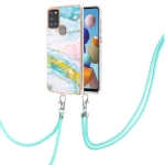 For Samsung Galaxy A21s Electroplating Marble Pattern IMD TPU Shockproof Case with Neck Lanyard(Green 004)