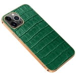 Electroplated Edge Crocodile Texture Top Layer Cowhide Leather Back Cover Shockproof Case For iPhone 13 Pro(Green)