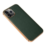 Electroplated Edge Litchi Texture Top Layer Cowhide Leather Back Cover Shockproof Case For iPhone 13 Pro Max(Green)