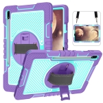 For Samsung Galaxy Tab S7 FE T730 / T735 / Tab S7+ T970 / T975 360 Degree Rotation Contrast Color Shockproof Silicone + PC Case with Holder & Hand Grip Strap & Shoulder Strap(Purple + Mint Green)