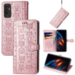 For Tecno Pova 2 Lovely Cat and Dog Embossing Pattern Horizontal Flip Leather Phone Case with Holder & Card Slots & Wallet & Cartoon Clasp & Lanyard(Rose Gold)