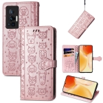 For vivo X70 Pro Lovely Cat and Dog Embossing Pattern Horizontal Flip Leather Phone Case with Holder & Card Slots & Wallet & Cartoon Clasp & Lanyard(Rose Gold)