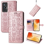 For vivo X70 Lovely Cat and Dog Embossing Pattern Horizontal Flip Leather Phone Case with Holder & Card Slots & Wallet & Cartoon Clasp & Lanyard(Rose Gold)