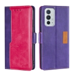 For OnePlus 9RT 5G Retro Texture Contrast Color Side Buckle Horizontal Flip Leather Phone Case with Holder & Card Slots & Wallet(Purple+Rose Red)