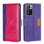 For Xiaomi Redmi Note 11 Pro Retro Texture Contrast Color Side Buckle Horizontal Flip Leather Phone Case with Holder & Card Slots & Wallet(Purple+Rose Red)