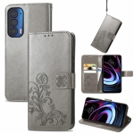 For Motorola Moto Edge 2021 Four-leaf Clasp Embossed Leather Case with Lanyard & Card Slots & Wallet & Holder(Gray)
